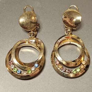 Vintage Gold-Tone Multi-Color Crystals Drop Earrings